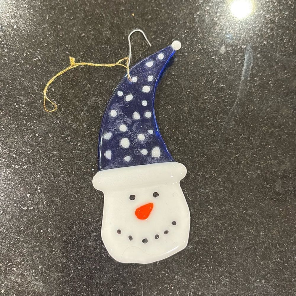 Fused glass snowman ornament blue polkadot hat